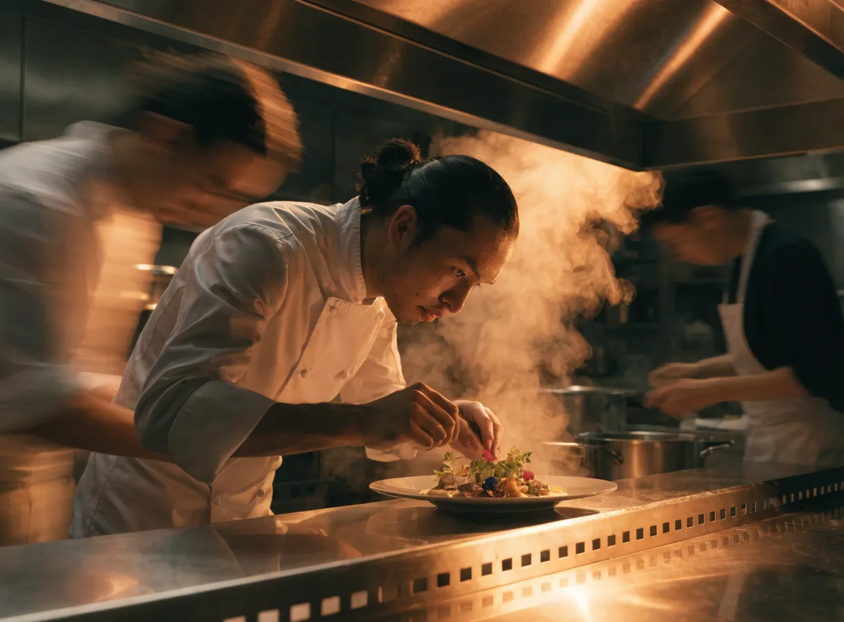A chef finishing plates during a busy service